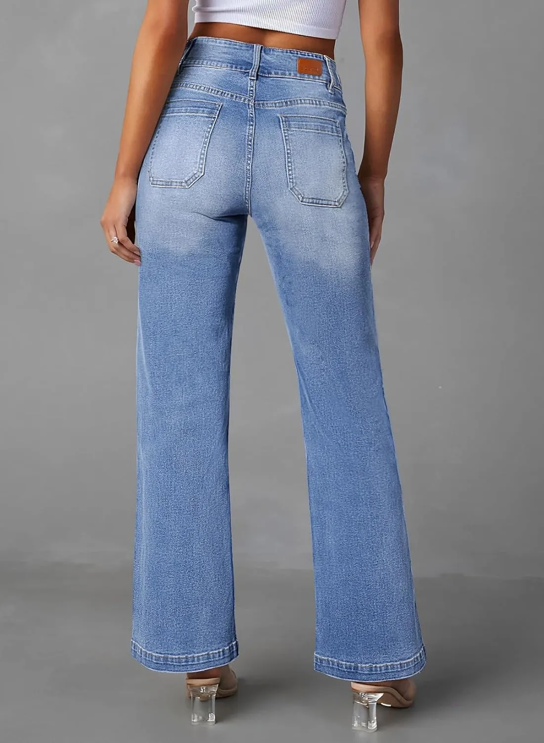 Sidefeel Women's Wide Leg Jeans High Waisted Tummy Control Stretchy Pockets Front Straight Leg Jeans