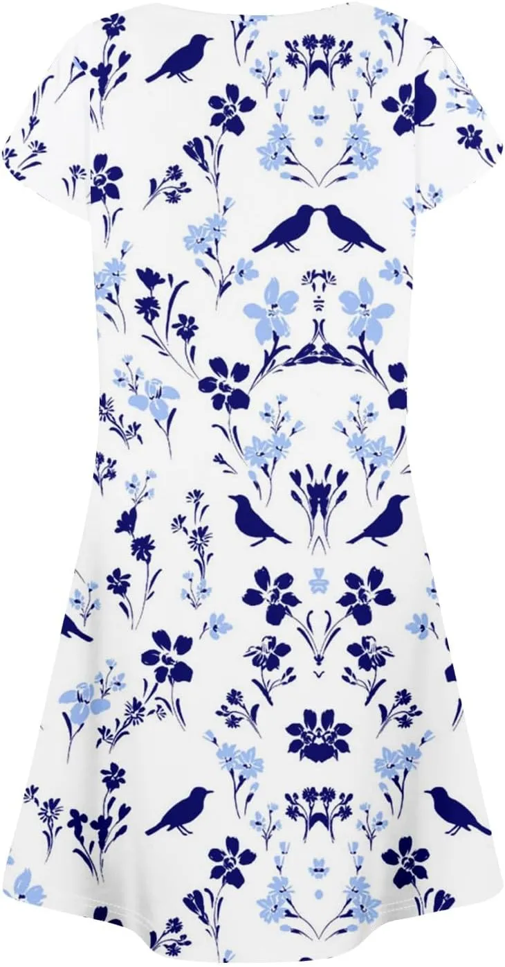 Summer Dresses for Women 2025 Round Neck Floral Short Sleeve Dress Casual T Shirt Dresses Pleated Front Beach Dress