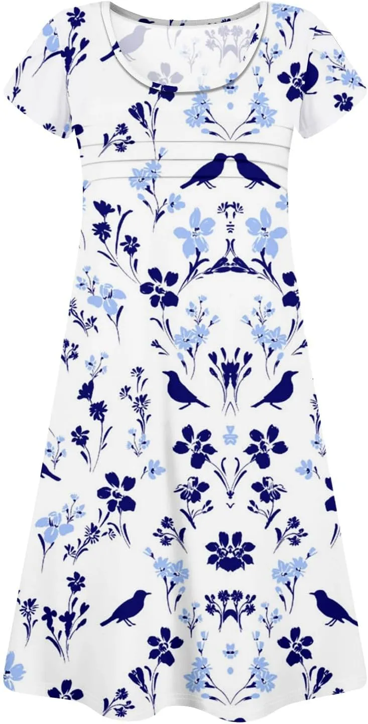 Summer Dresses for Women 2025 Round Neck Floral Short Sleeve Dress Casual T Shirt Dresses Pleated Front Beach Dress
