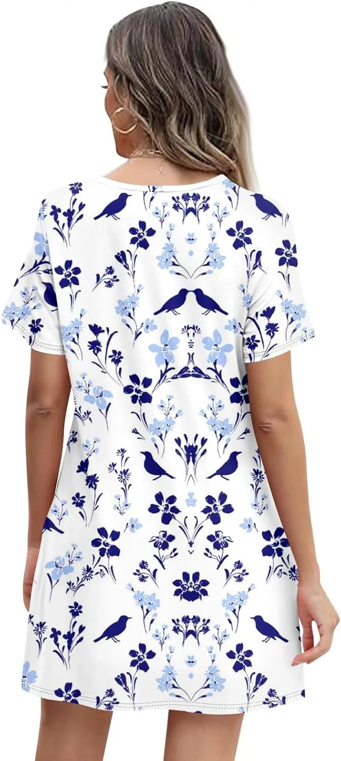 Summer Dresses for Women 2025 Round Neck Floral Short Sleeve Dress Casual T Shirt Dresses Pleated Front Beach Dress