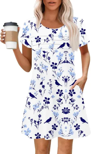 Summer Dresses for Women 2025 Round Neck Floral Short Sleeve Dress Casual T Shirt Dresses Pleated Front Beach Dress