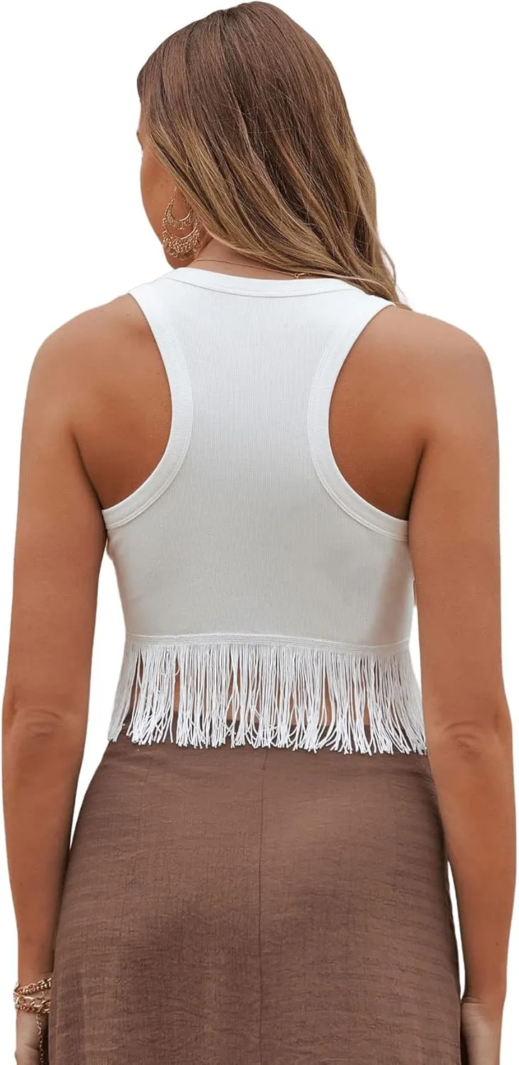 SweatyRocks Women's Casual Sleeveless Stretchy Ribbed Knit Shirt Racerback Crop Fringe Tank top