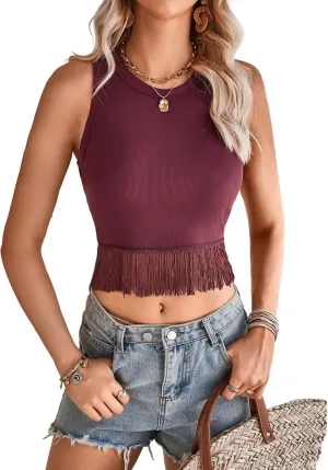 SweatyRocks Women's Casual Sleeveless Stretchy Ribbed Knit Shirt Racerback Crop Fringe Tank top