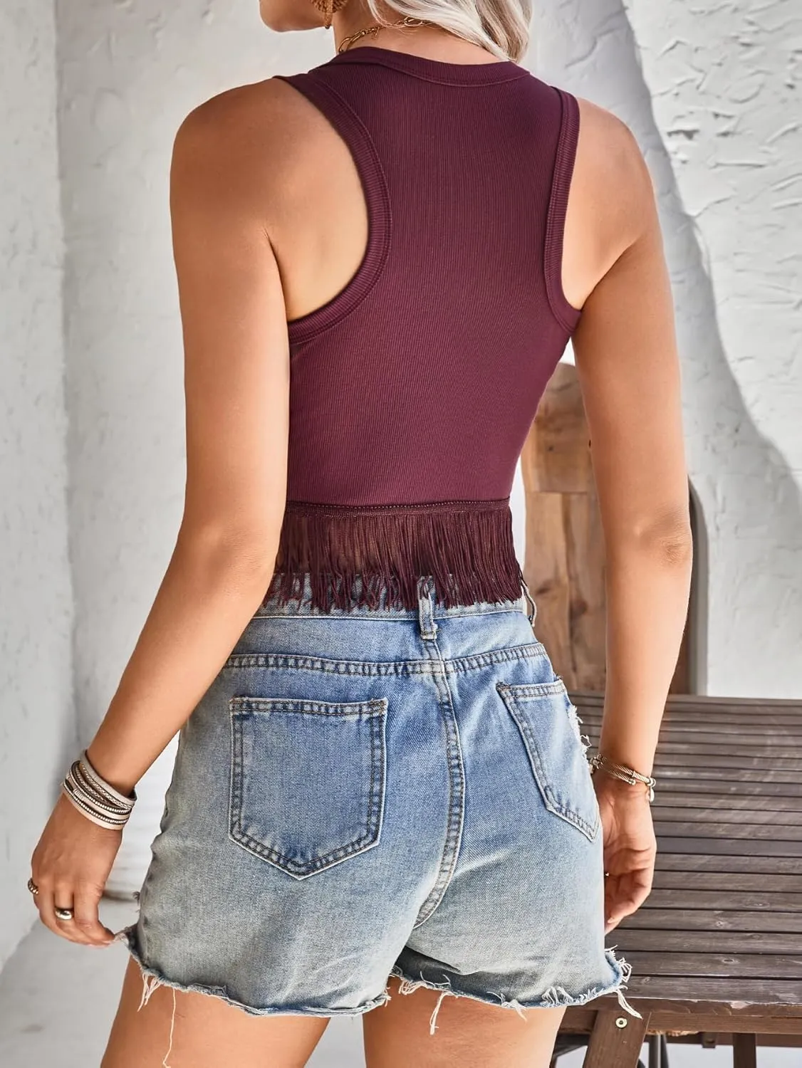 SweatyRocks Women's Casual Sleeveless Stretchy Ribbed Knit Shirt Racerback Crop Fringe Tank top