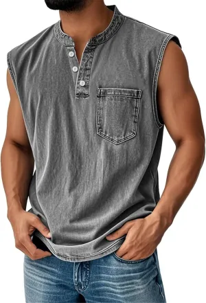 Tank Tops Men Big and Tall Henley Shirts Sleeveless Muscle Gym Workout Running Beach Summer Vintage Button Up Biker Tee Vest