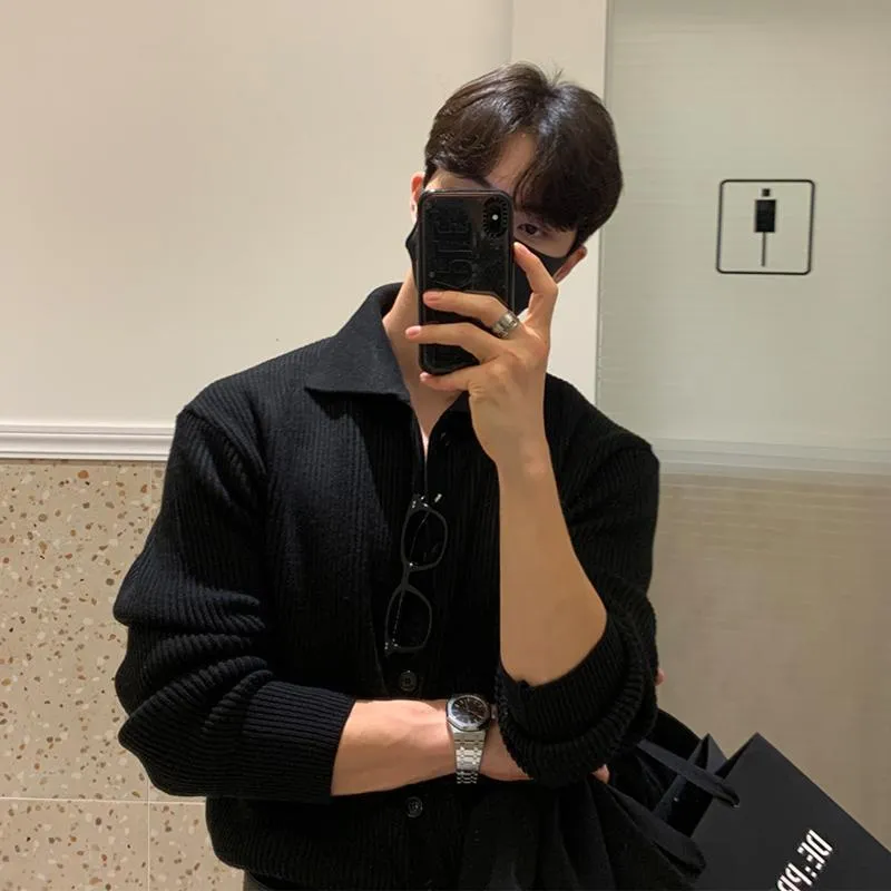 Toleet men’s fashion Autumn and Winter Dark Green Lapel Sweater Cardigan Coat Men's Loose Lazy Style Sweater Korean Men's Fashion Casual