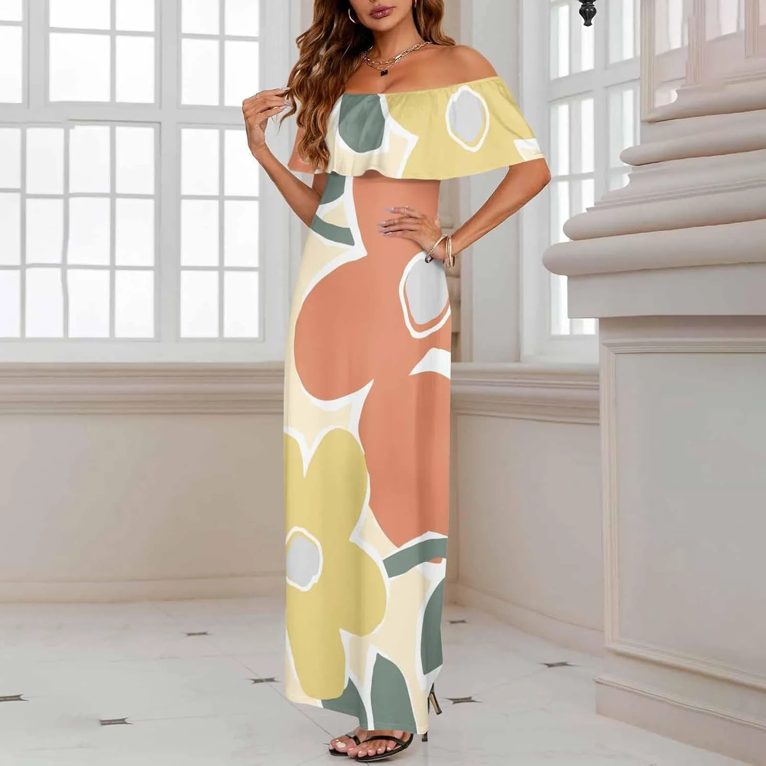 White Beach Dress Floral Pattern with Watercolor Bohemian Strapless Off Shoulder Flowy A Line Beach Long Maxi Dress