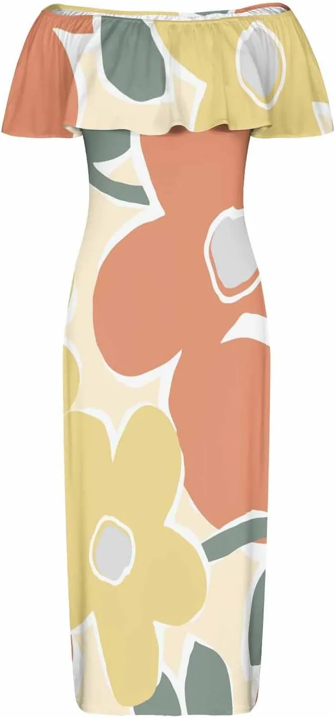 White Beach Dress Floral Pattern with Watercolor Bohemian Strapless Off Shoulder Flowy A Line Beach Long Maxi Dress