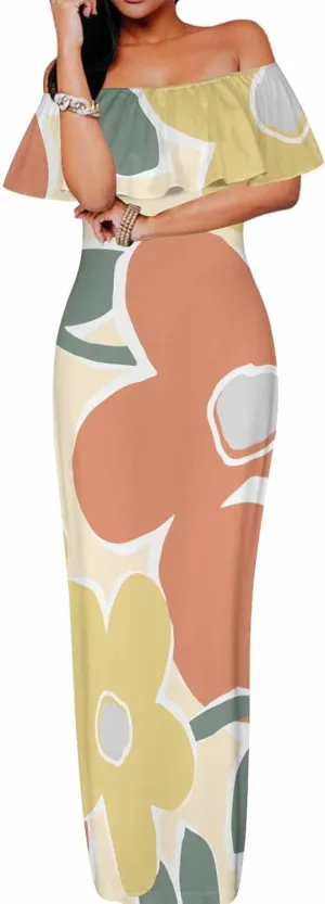 White Beach Dress Floral Pattern with Watercolor Bohemian Strapless Off Shoulder Flowy A Line Beach Long Maxi Dress