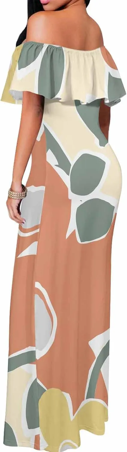 White Beach Dress Floral Pattern with Watercolor Bohemian Strapless Off Shoulder Flowy A Line Beach Long Maxi Dress