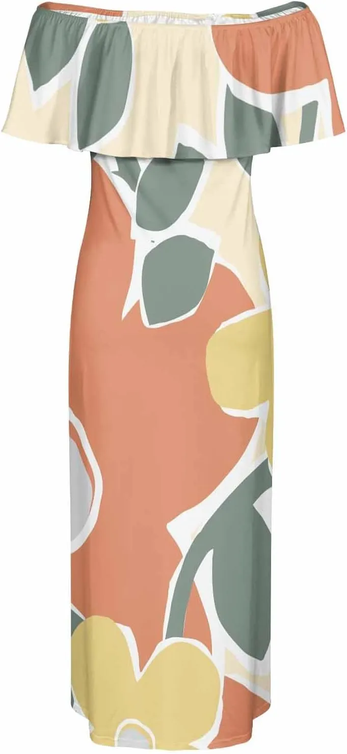 White Beach Dress Floral Pattern with Watercolor Bohemian Strapless Off Shoulder Flowy A Line Beach Long Maxi Dress