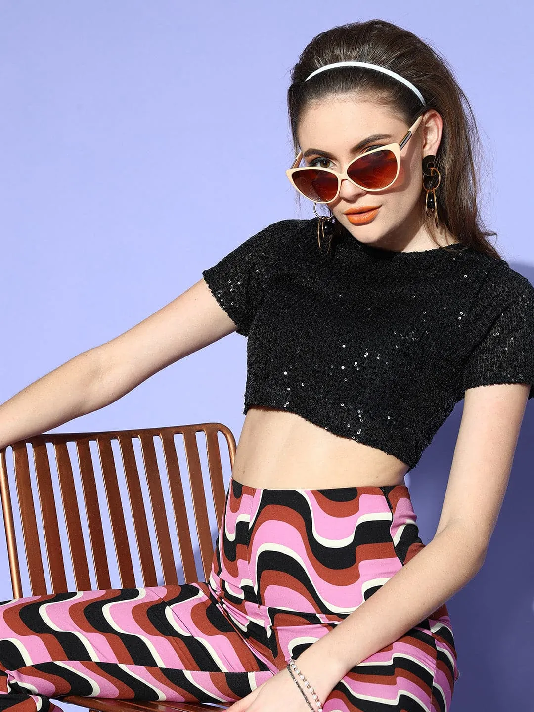 Women Black Sequence Mesh Net Crop Top