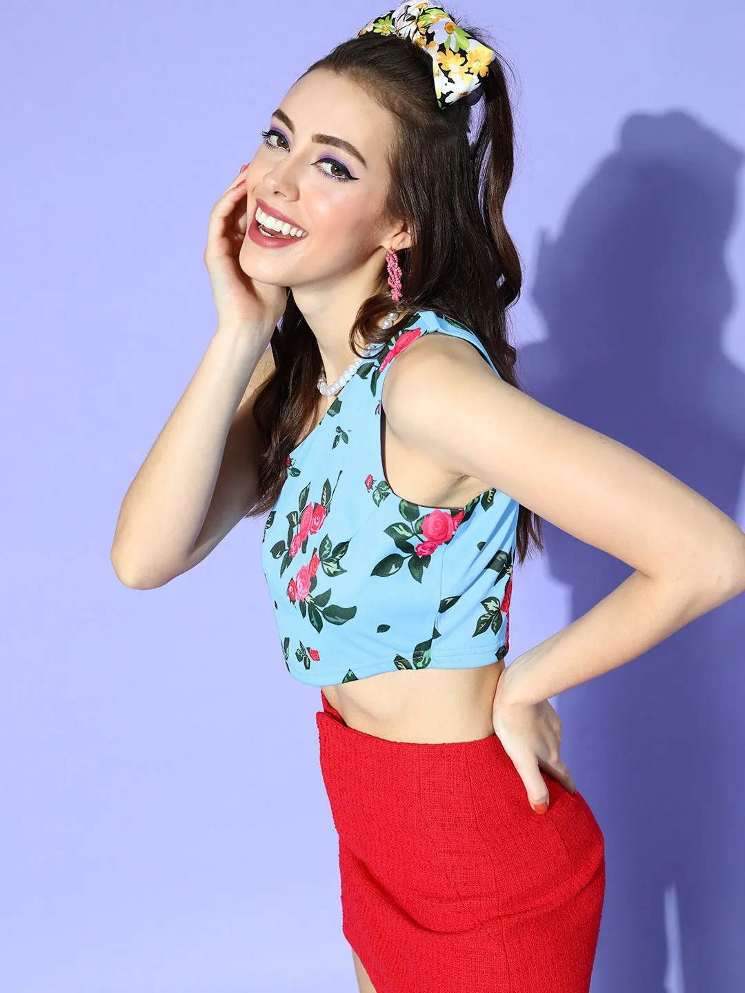 Women Blue Floral One Shoulder Crop Top