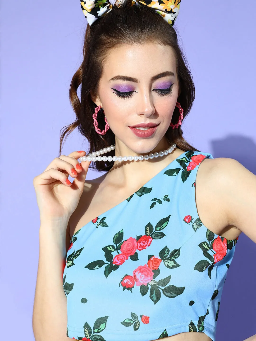 Women Blue Floral One Shoulder Crop Top