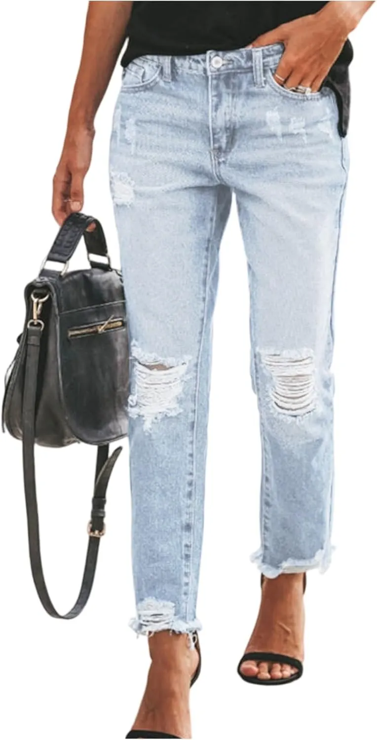 Women Capri Jeans Mid Waisted Ripped Boyfriend Jeans Straight Leg Cropped Jean Raw Hem Distressed Denim Pants