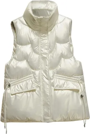 Women Shiny Puffer Vest Winter Warm Sleeveless Pluffy Down Jackets Zip Up Stand Collar Coat Gilet with Flap Pockets