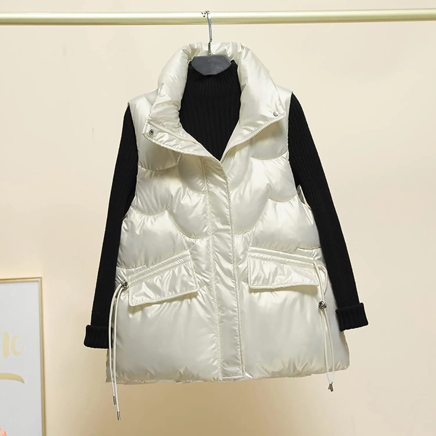 Women Shiny Puffer Vest Winter Warm Sleeveless Pluffy Down Jackets Zip Up Stand Collar Coat Gilet with Flap Pockets