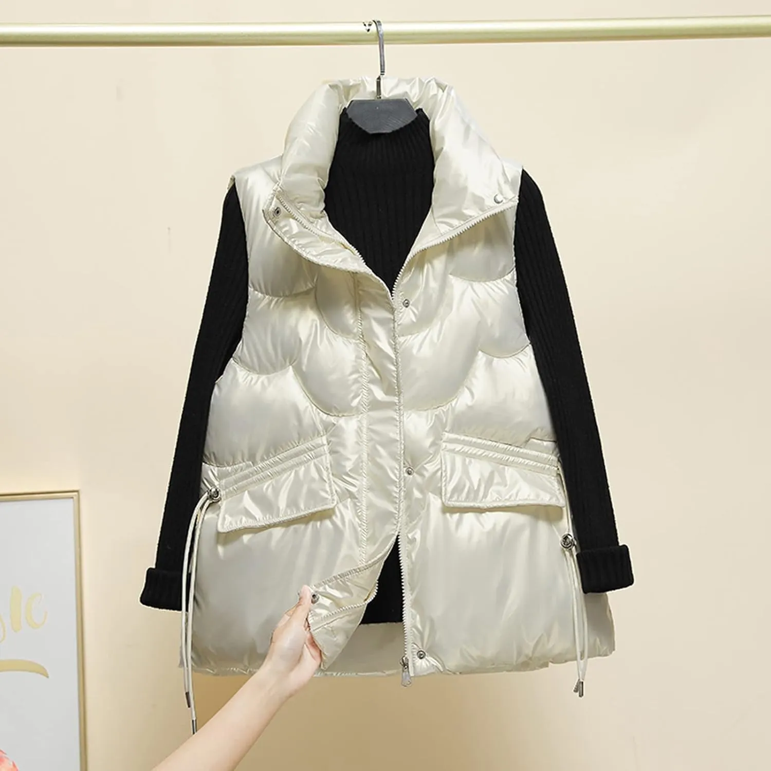 Women Shiny Puffer Vest Winter Warm Sleeveless Pluffy Down Jackets Zip Up Stand Collar Coat Gilet with Flap Pockets