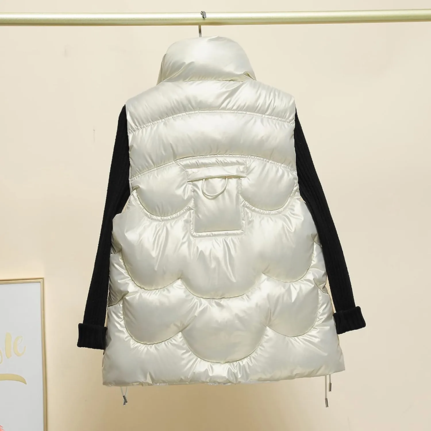 Women Shiny Puffer Vest Winter Warm Sleeveless Pluffy Down Jackets Zip Up Stand Collar Coat Gilet with Flap Pockets
