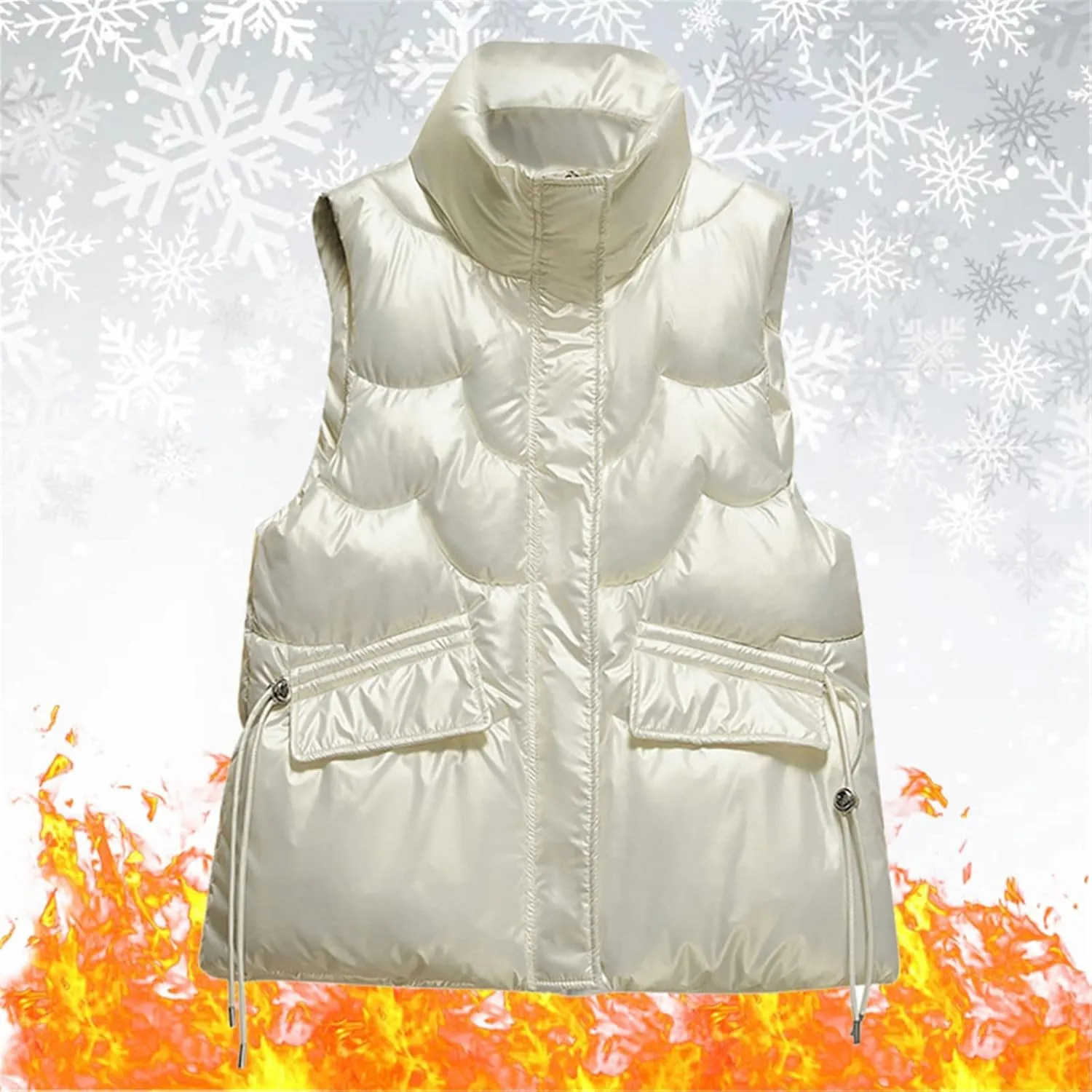 Women Shiny Puffer Vest Winter Warm Sleeveless Pluffy Down Jackets Zip Up Stand Collar Coat Gilet with Flap Pockets