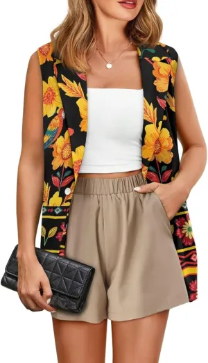 Women Siut Vest Blazer Tops V Neck Sleeveless Jackets Lapel Collar One Button Holiday Waistcoat