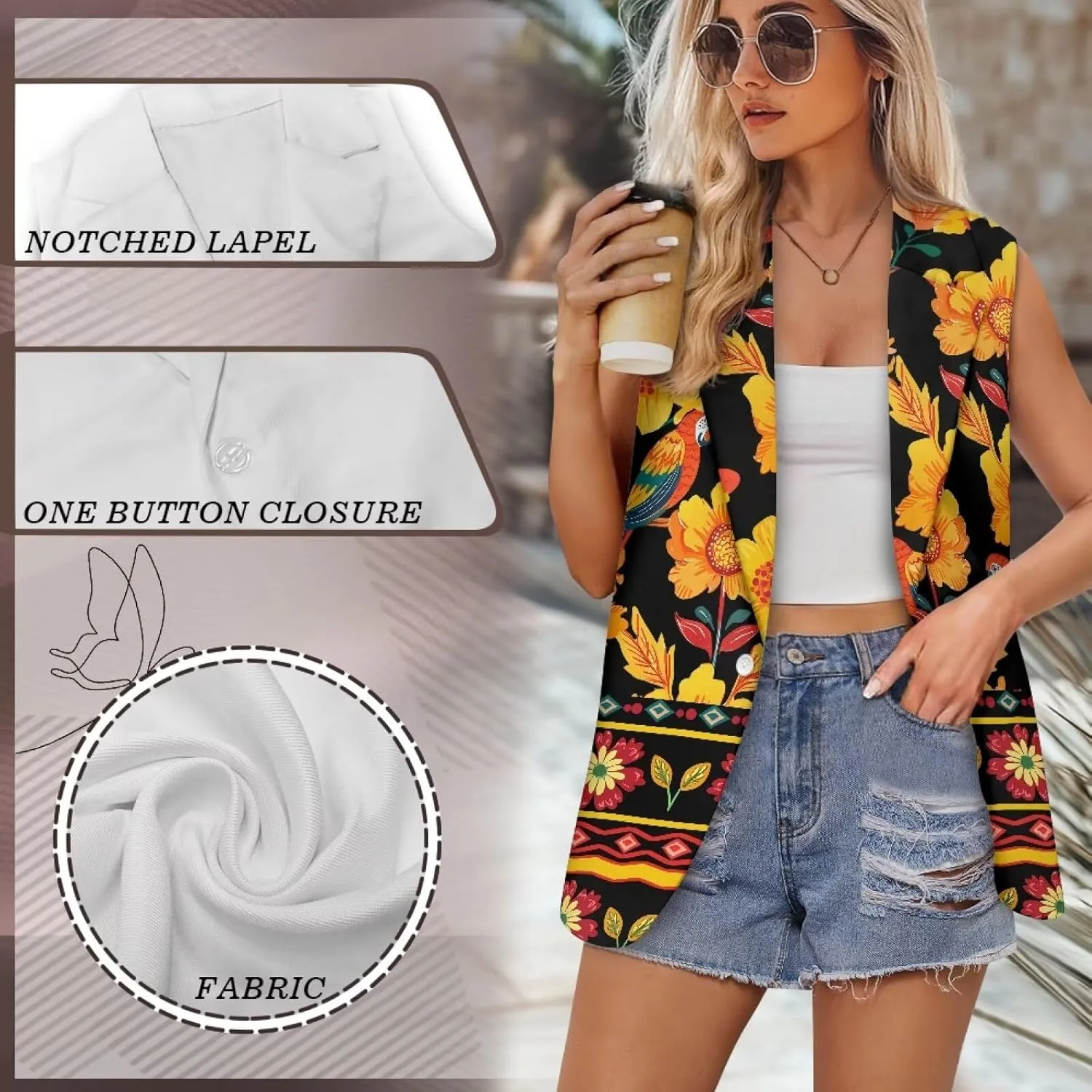 Women Siut Vest Blazer Tops V Neck Sleeveless Jackets Lapel Collar One Button Holiday Waistcoat