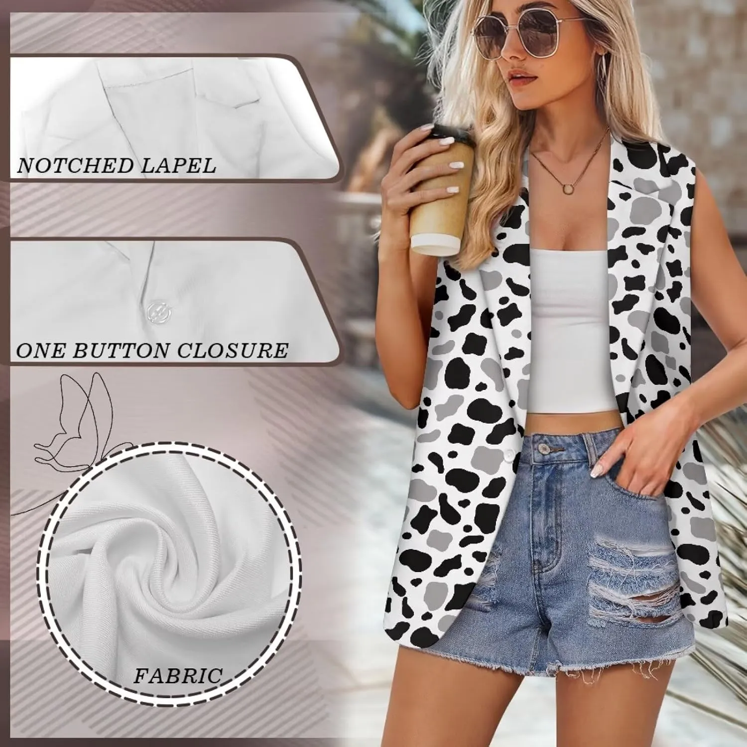 Women Siut Vest Blazer Tops V Neck Sleeveless Jackets Lapel Collar One Button Holiday Waistcoat