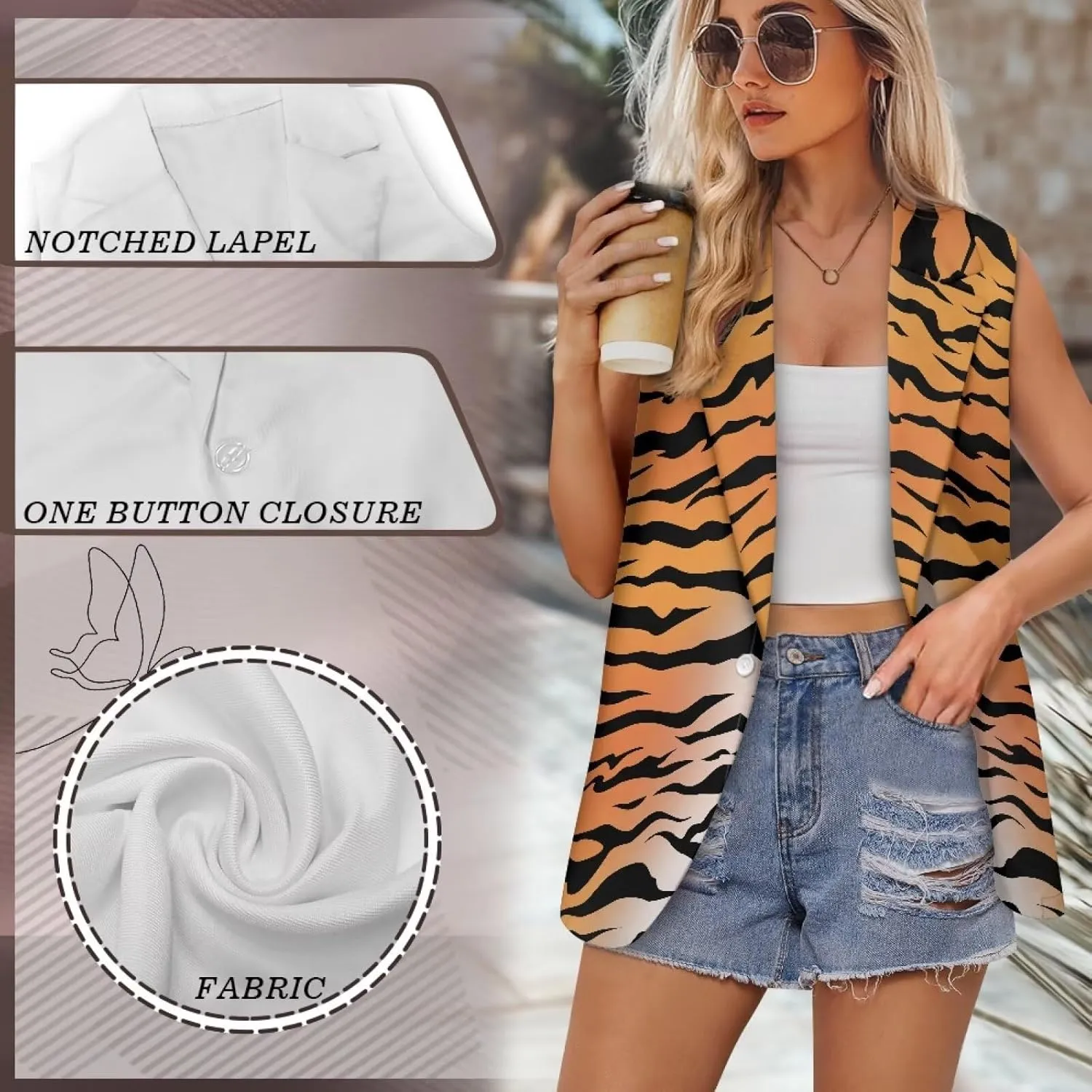 Women Siut Vest Blazer Tops V Neck Sleeveless Jackets Lapel Collar One Button Holiday Waistcoat
