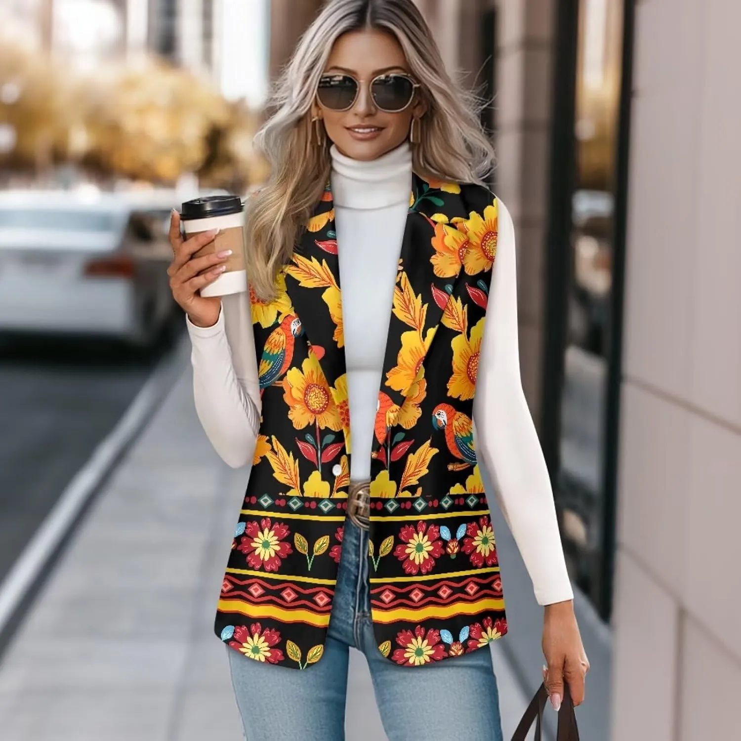 Women Siut Vest Blazer Tops V Neck Sleeveless Jackets Lapel Collar One Button Holiday Waistcoat