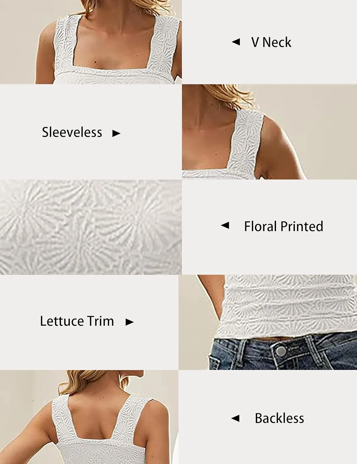 Women Square Neck Wide Strap Floral Crop Tank Top Sleeveless Lettuce Trim Solid Slim Cropped Cami Vest Tops