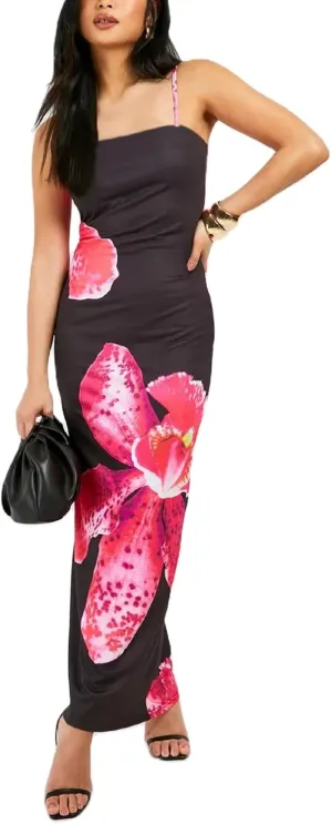 Women Y2k Floral Bodycon Maxi Dress Flower Print Spaghetti Strap Slip Dress Backless Sleeveless Slim Long Dress