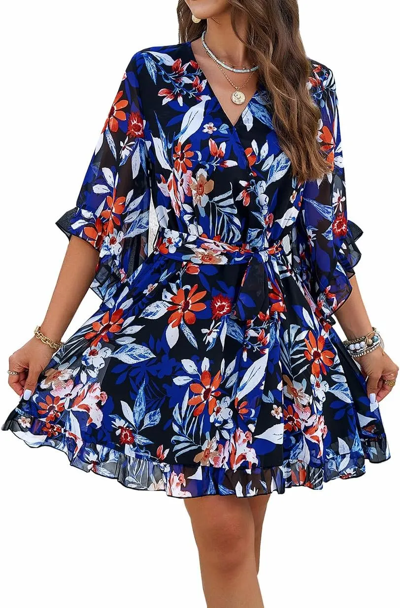 Women's Boho Floral V Neck Ruffled Swing Dress for Party