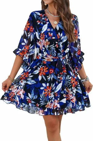 Women's Boho Floral V Neck Ruffled Swing Dress for Party