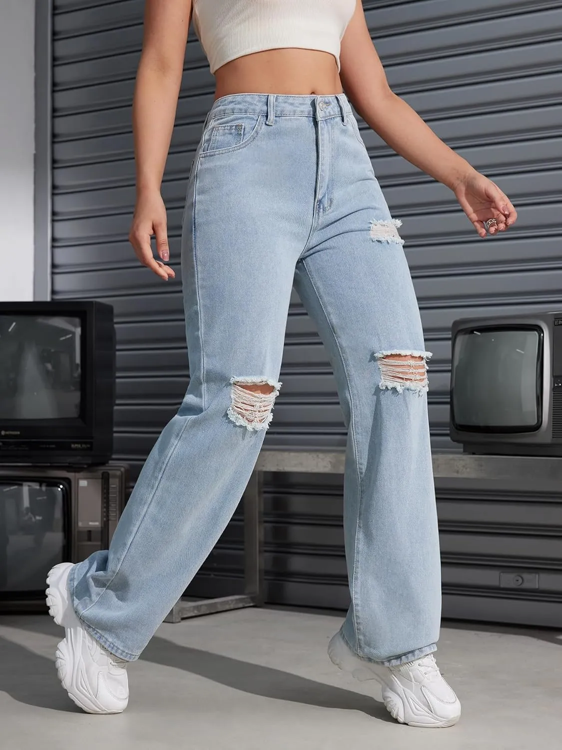 Women's Ripped Jeans Trendy Loose Distressed Fit Straight Leg Denim Jeans