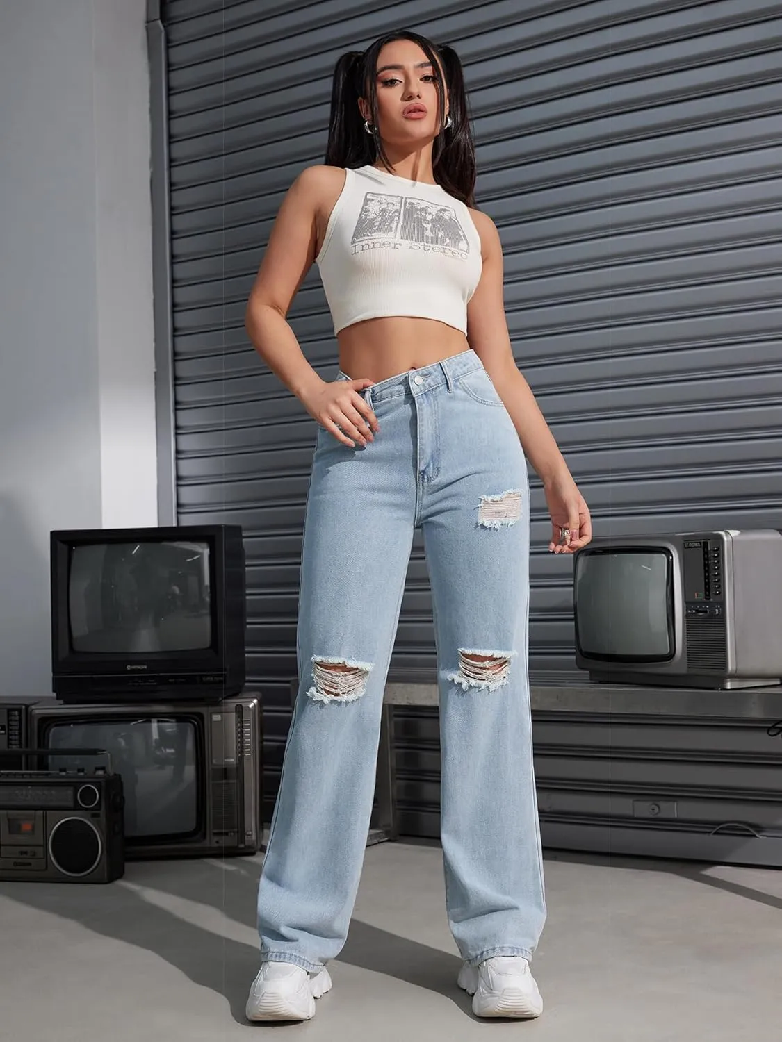 Women's Ripped Jeans Trendy Loose Distressed Fit Straight Leg Denim Jeans