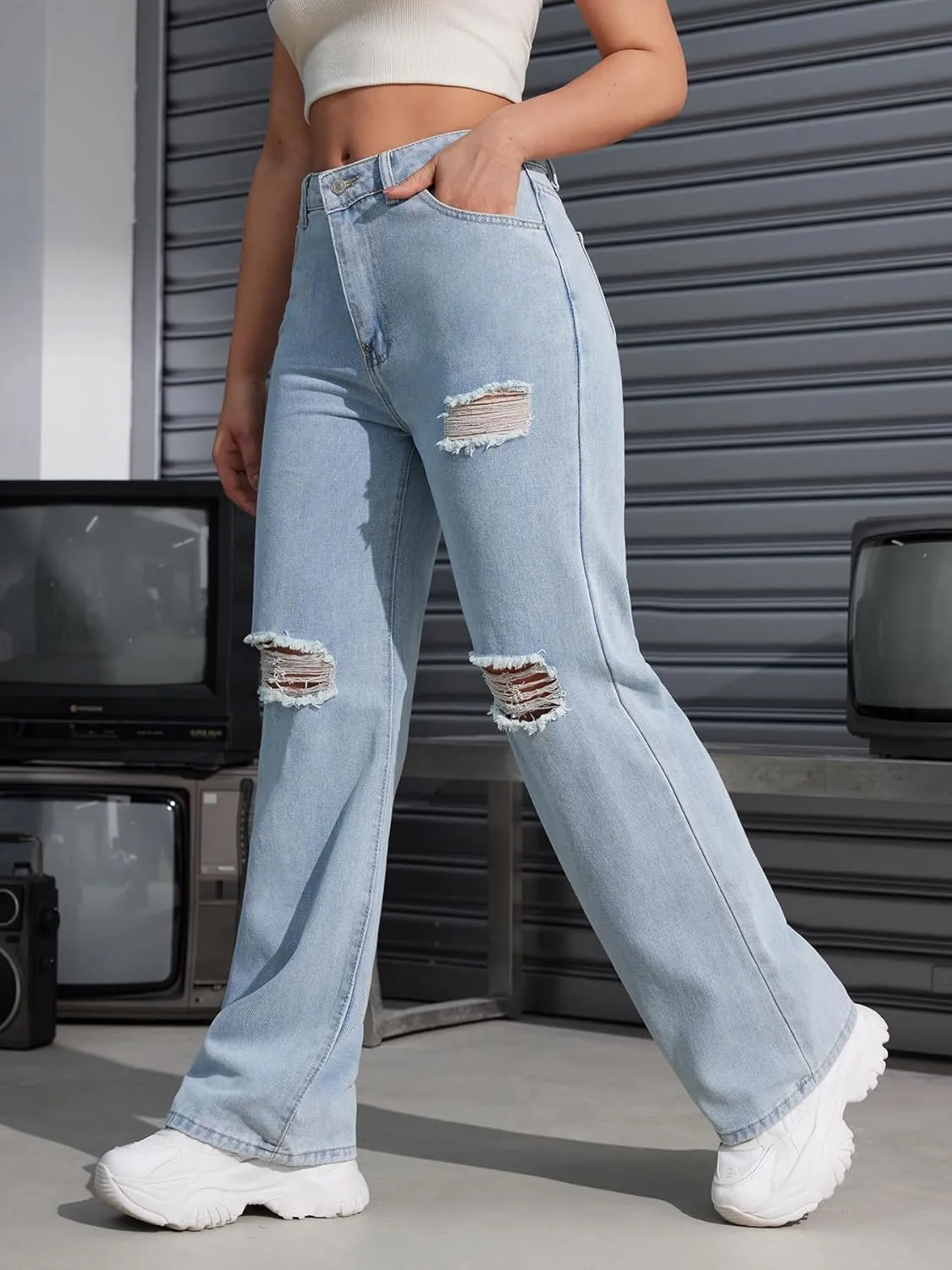 Women's Ripped Jeans Trendy Loose Distressed Fit Straight Leg Denim Jeans