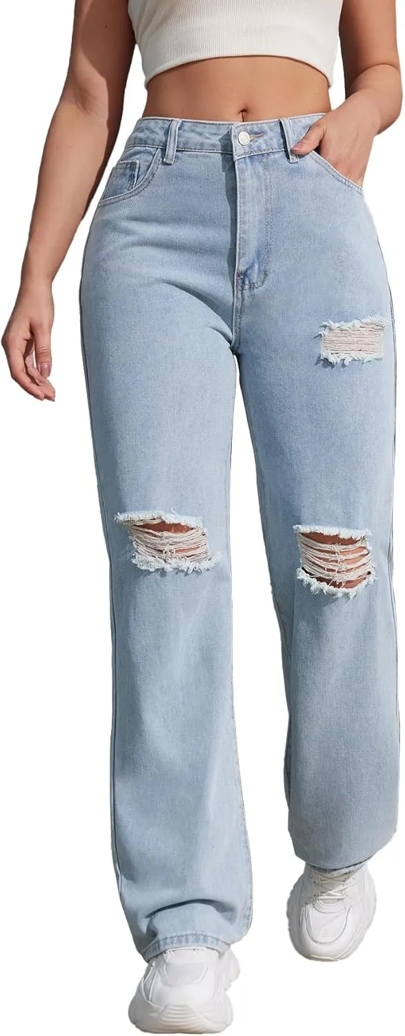 Women's Ripped Jeans Trendy Loose Distressed Fit Straight Leg Denim Jeans