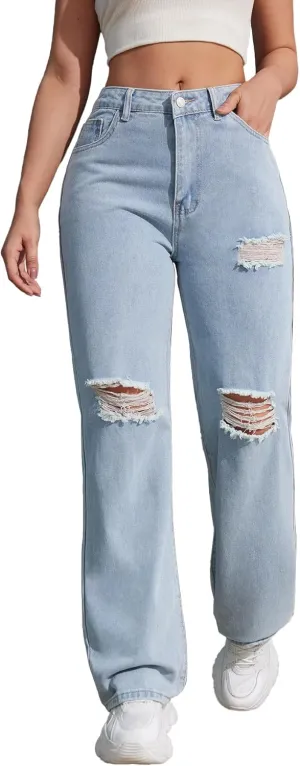 Women's Ripped Jeans Trendy Loose Distressed Fit Straight Leg Denim Jeans
