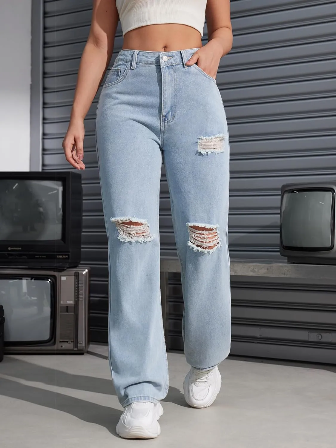 Women's Ripped Jeans Trendy Loose Distressed Fit Straight Leg Denim Jeans