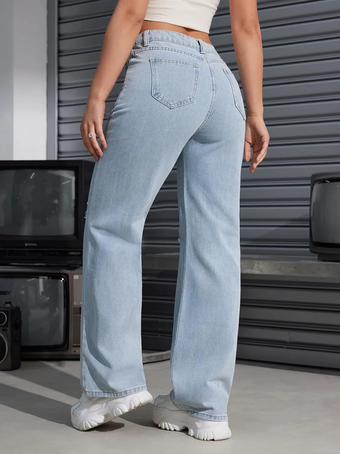 Women's Ripped Jeans Trendy Loose Distressed Fit Straight Leg Denim Jeans