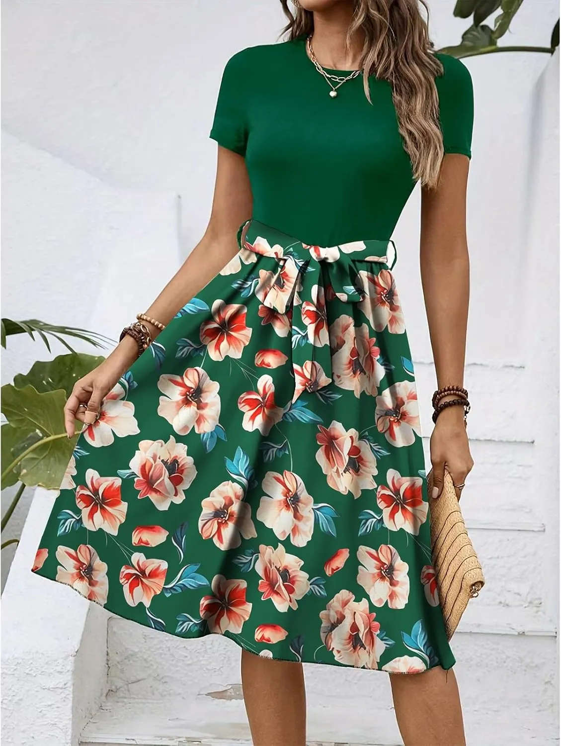 Women's Short Sleeve Dresses Empire Waist Floral Printing Crewneck Color Blocked Belt Casual Midi Length Dress