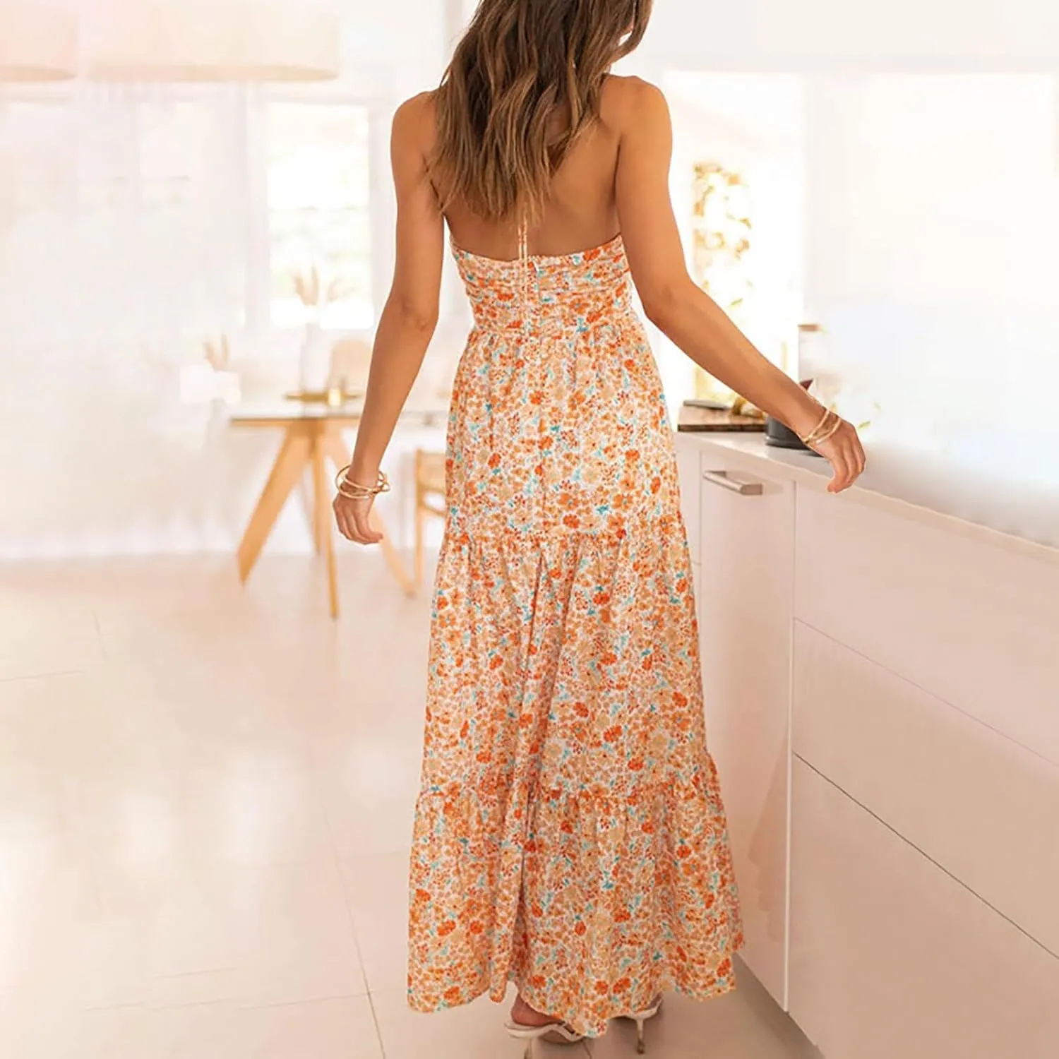 Women's Suspender V Neck Long Patchwork Dress Temperament Off Shoulder Casual Dresses Cute Summer Cute Winter Dresses
