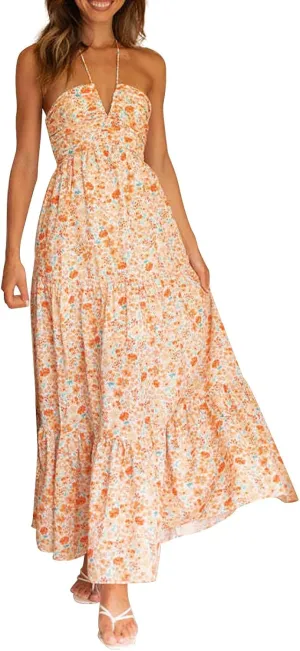 Women's Suspender V Neck Long Patchwork Dress Temperament Off Shoulder Casual Dresses Cute Summer Cute Winter Dresses