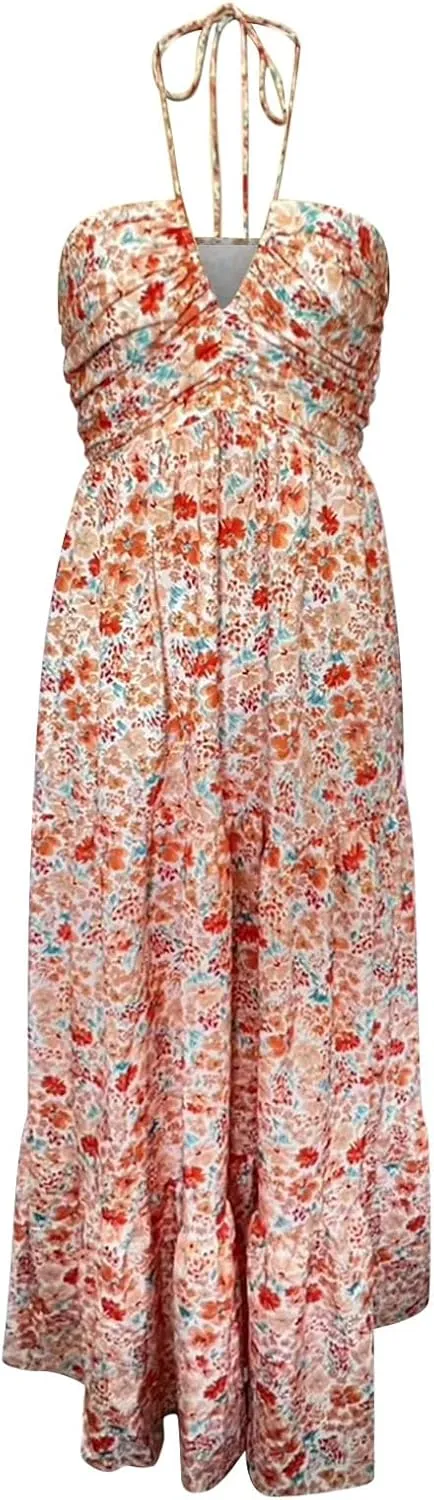 Women's Suspender V Neck Long Patchwork Dress Temperament Off Shoulder Casual Dresses Cute Summer Cute Winter Dresses