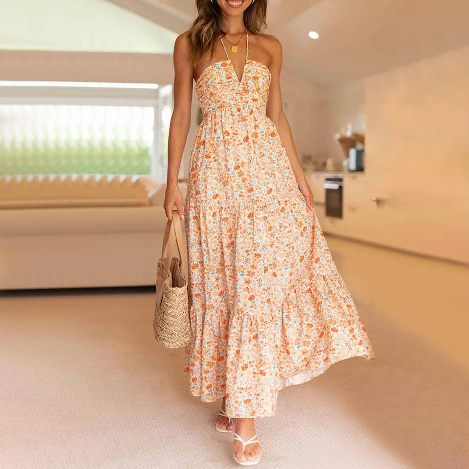 Women's Suspender V Neck Long Patchwork Dress Temperament Off Shoulder Casual Dresses Cute Summer Cute Winter Dresses