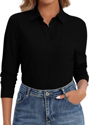 Wrinkle Free Striped Button Down Shirts Women Collared Long Sleeve Blouses Business Work Tops with Pocket