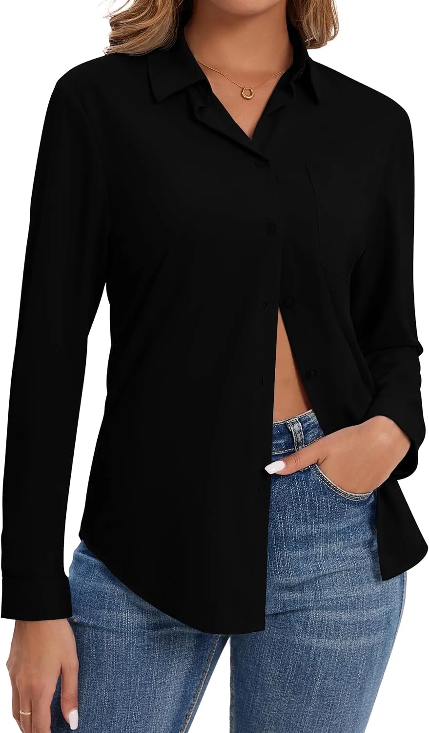 Wrinkle Free Striped Button Down Shirts Women Collared Long Sleeve Blouses Business Work Tops with Pocket