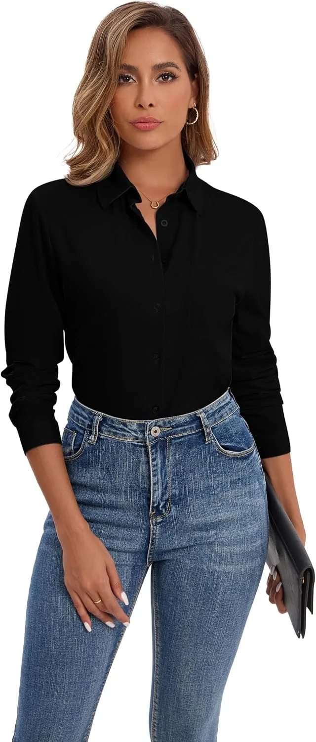 Wrinkle Free Striped Button Down Shirts Women Collared Long Sleeve Blouses Business Work Tops with Pocket