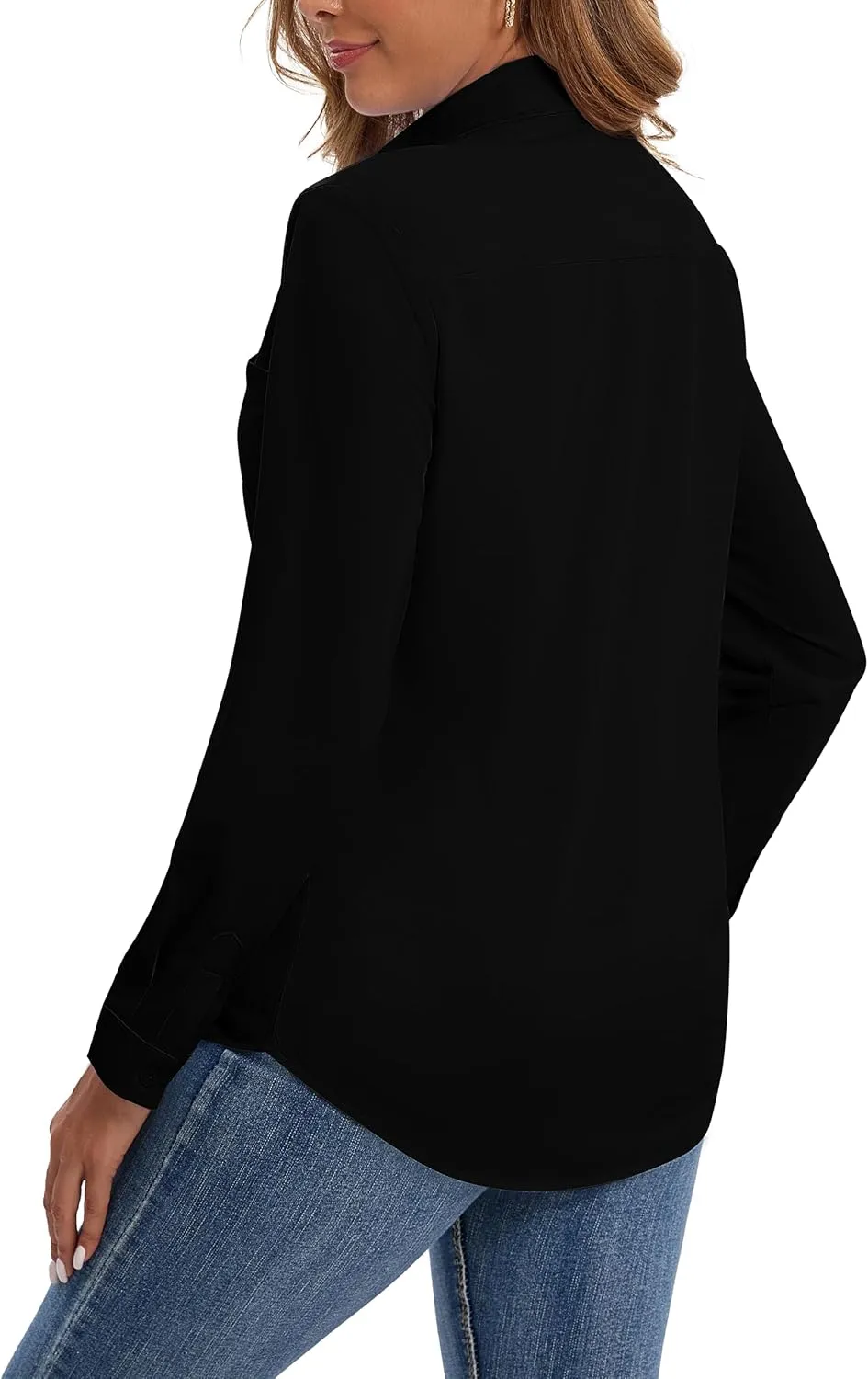Wrinkle Free Striped Button Down Shirts Women Collared Long Sleeve Blouses Business Work Tops with Pocket
