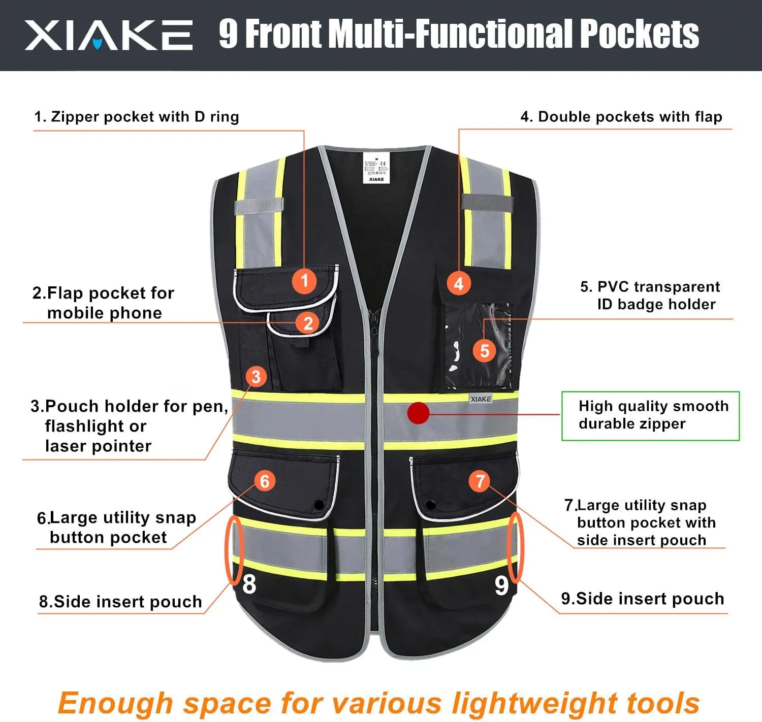 XIAKE 9 Pockets Class 2 High Visibility Reflective Safety Vest for Men Women Work Construction Vest